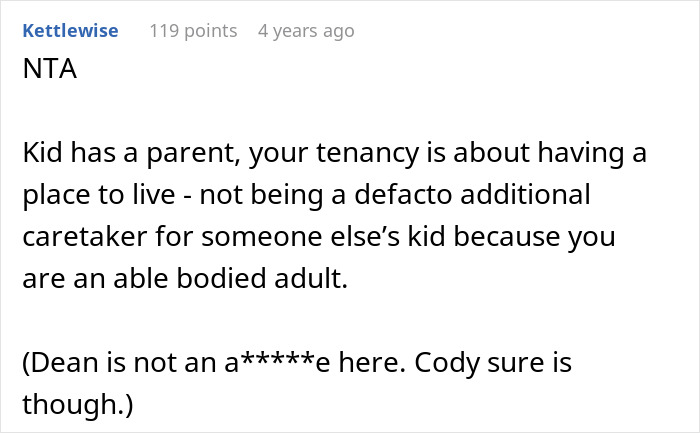 Reddit comment on housemate issues with child, discussing tenancy and responsibility. Reddit comment on housemate issues with child, discussing tenancy and responsibility.
