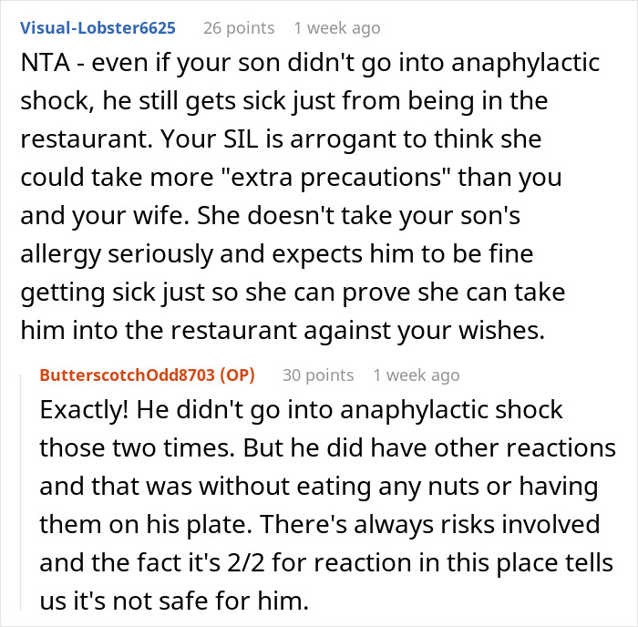 Text exchange discussing SIL disregarding son's allergies, questioning her care. Text exchange discussing SIL disregarding son's allergies, questioning her care.