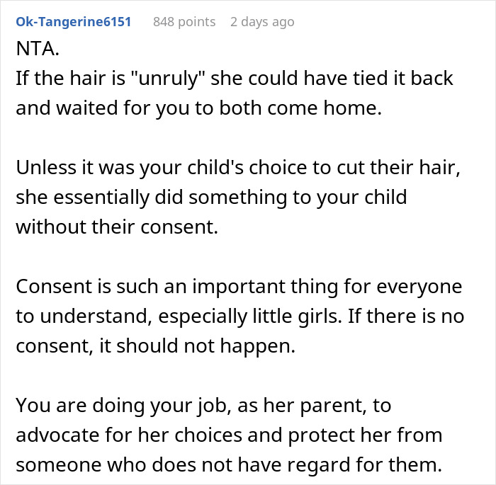 Discussion stresses the importance of consent after MIL cuts child’s hair without permission. Discussion stresses the importance of consent after MIL cuts child’s hair without permission.