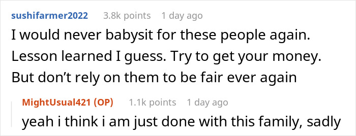 Comments discussing a teen's experience babysitting for a religious couple, highlighting issues with payment.