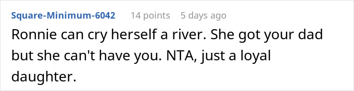 Comment discussing dynamics between a woman, fiancé, and his daughter, highlighting loyalty and relationship tension. Comment discussing dynamics between a woman, fiancé, and his daughter, highlighting loyalty and relationship tension.