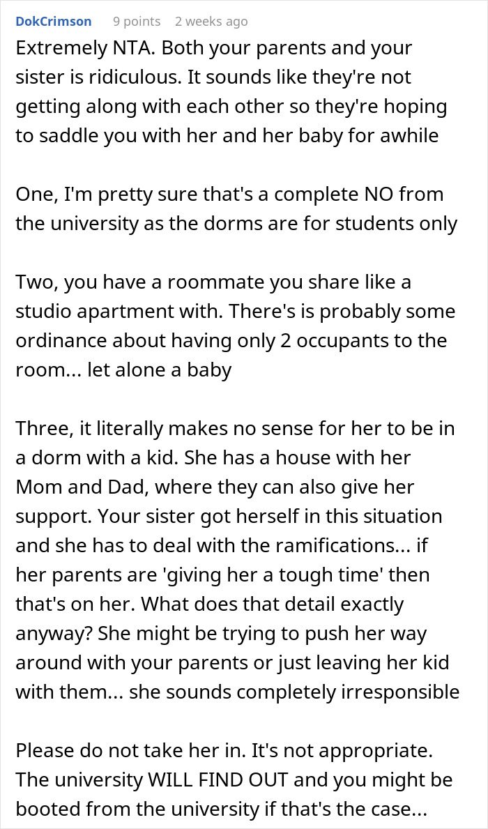 Reddit comment discussing refusal to share a dorm room with sister and baby. Reddit comment discussing refusal to share a dorm room with sister and baby.