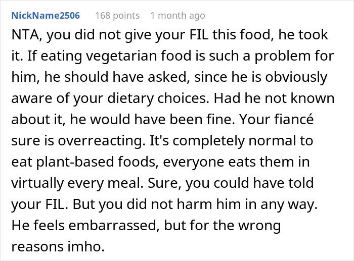 Reddit comment discussing FIL's reaction to eating vegetarian meatballs, questioning dietary concerns and reactions. Reddit comment discussing FIL's reaction to eating vegetarian meatballs, questioning dietary concerns and reactions.