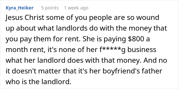 Comment discussing rent payment being pocketed, mentioning a boyfriend's father as landlord. Comment discussing rent payment being pocketed, mentioning a boyfriend's father as landlord.