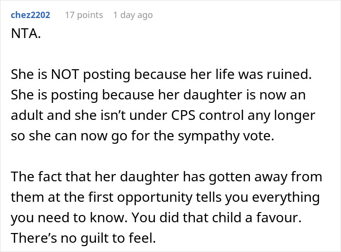 Comment discussing daughter's eating disorder and CPS involvement. Comment discussing daughter's eating disorder and CPS involvement.