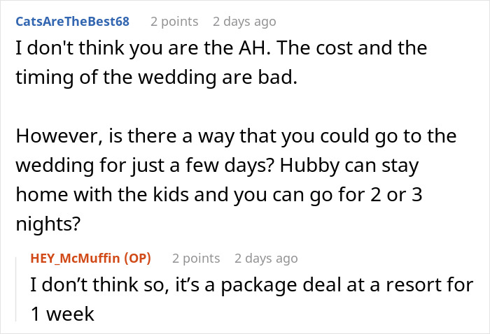 Screenshot of a Reddit conversation about a woman choosing an affordable getaway with her husband over attending a friend’s expensive wedding.