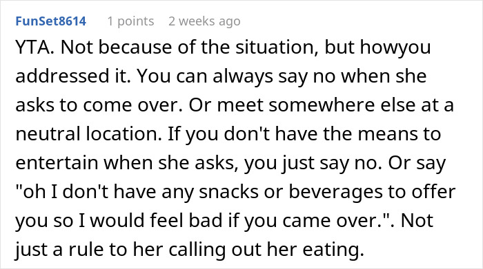 Comment criticizing woman's confrontation about friend eating groceries. Comment criticizing woman's confrontation about friend eating groceries.