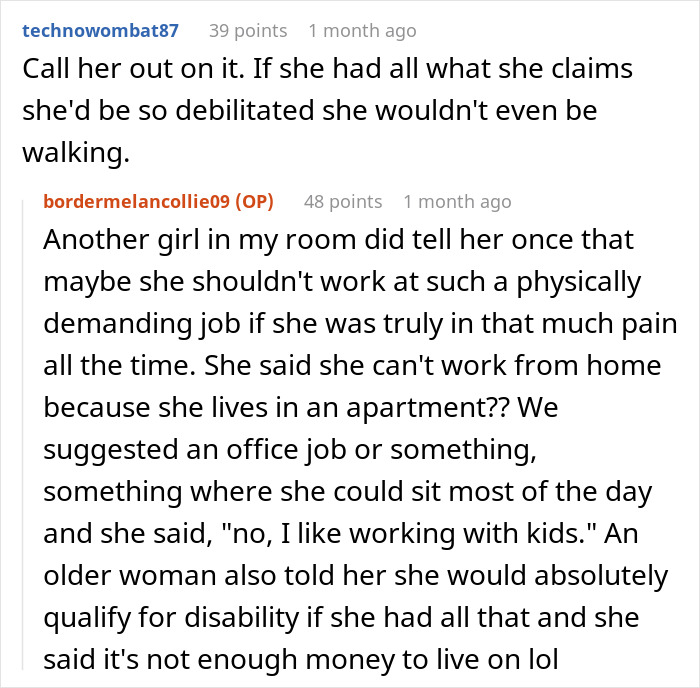 Reddit comments about a woman claiming multiple diseases, discussing options like remote work and disability benefits. Reddit comments about a woman claiming multiple diseases, discussing options like remote work and disability benefits.