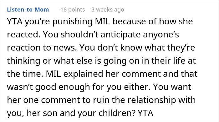 Comment about woman keeping pregnancy secret from MIL to gain husband’s attention, discussing relationship impact. Comment about woman keeping pregnancy secret from MIL to gain husband’s attention, discussing relationship impact.