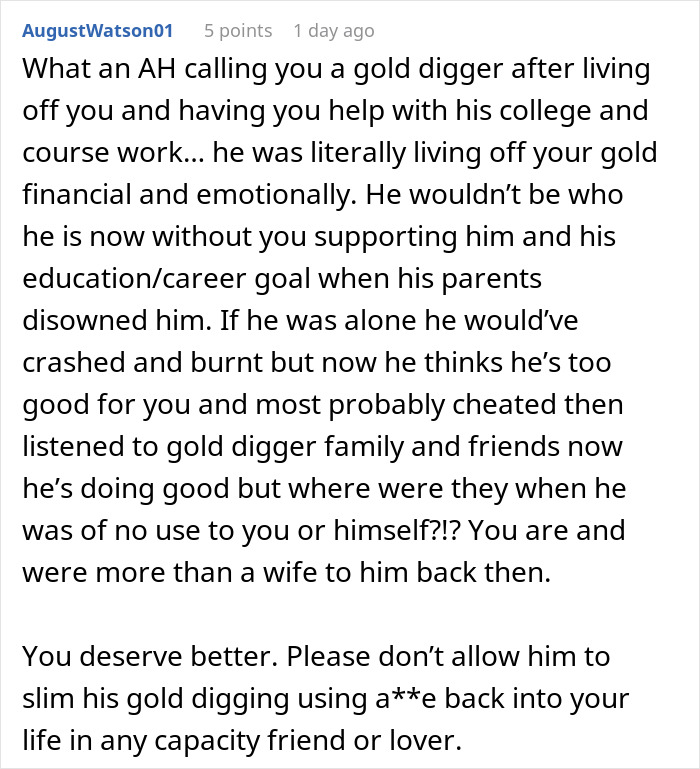 Reddit comment about a woman being called a gold digger by her ex after a 9-year relationship. Reddit comment about a woman being called a gold digger by her ex after a 9-year relationship.