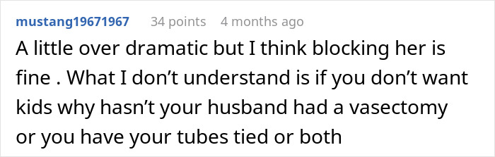 Comment discussing blocking a mother-in-law joking about birth control sabotage. Comment discussing blocking a mother-in-law joking about birth control sabotage.