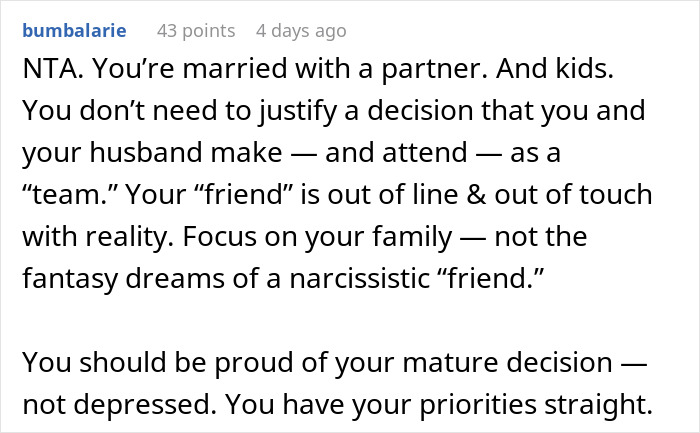 Screenshot of a woman defending her choice of an affordable getaway with her husband over attending a friend’s expensive wedding.