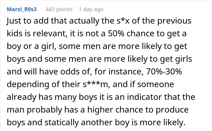 Comment discussing how statistics can predict a higher chance of having a boy based on previous children's gender.