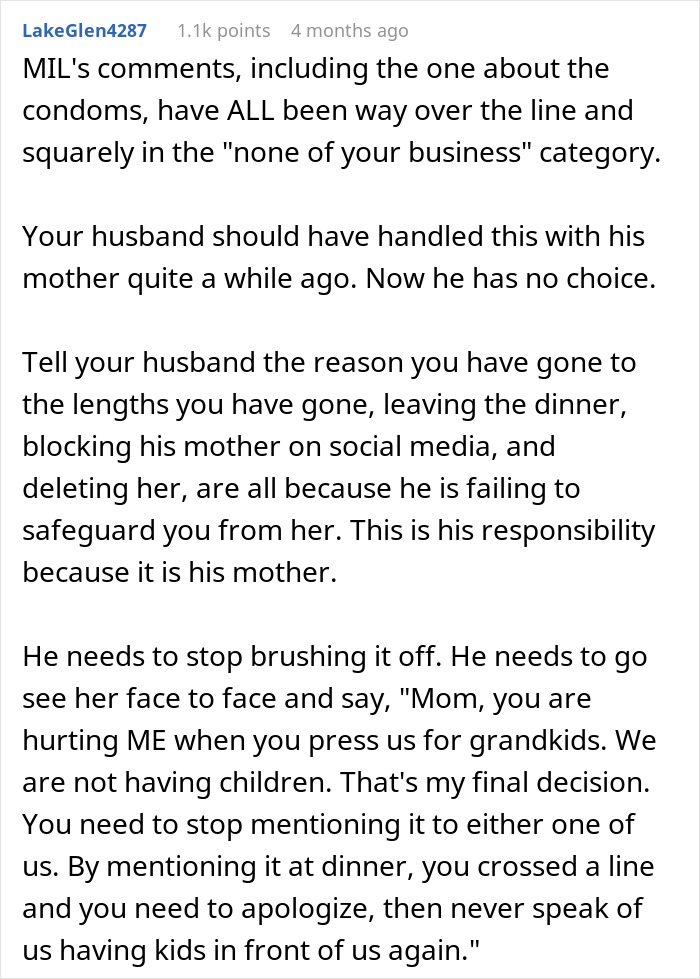 Reddit comment about MIL jokes on birth control, urging husband to address his mother's behavior. Reddit comment about MIL jokes on birth control, urging husband to address his mother's behavior.