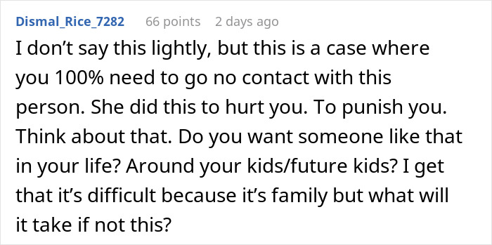 Reddit comment discussing MIL canceling honeymoon, advising going no contact, addressing family conflict tension. Reddit comment discussing MIL canceling honeymoon, advising going no contact, addressing family conflict tension.