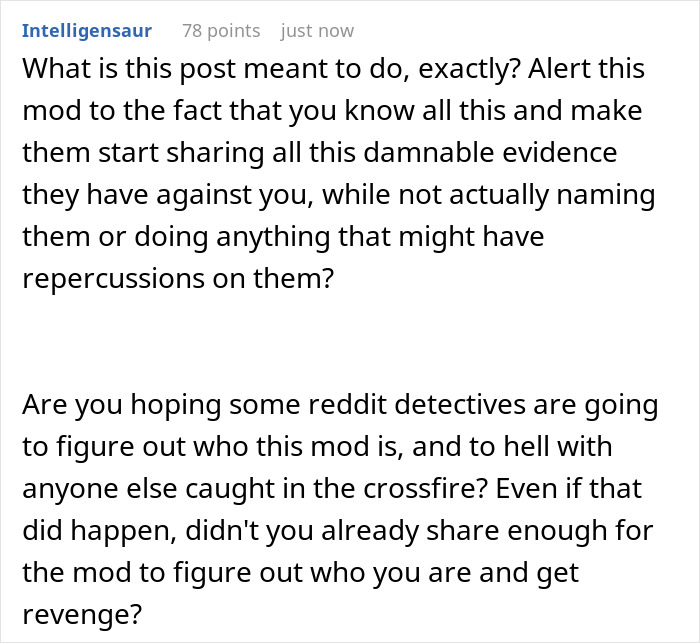 Reddit comment questioning the intention behind exposing a married Reddit mod posing as a "wholesome parent. Reddit comment questioning the intention behind exposing a married Reddit mod posing as a "wholesome parent.