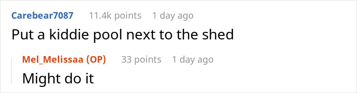 People discussing an illegal shed and a pool in an online comment thread. People discussing an illegal shed and a pool in an online comment thread.