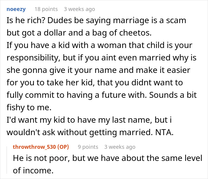 Reddit comment criticizing the idea of marriage as a scam for men and discussing last names for children. Reddit comment criticizing the idea of marriage as a scam for men and discussing last names for children.