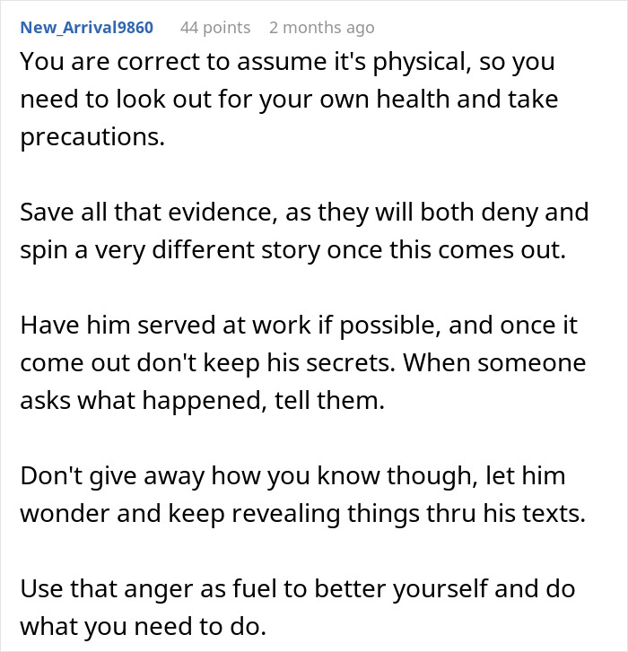 Screenshot of an online comment advising on handling the truth about husband’s late-night drinks with a coworker. Screenshot of an online comment advising on handling the truth about husband’s late-night drinks with a coworker.