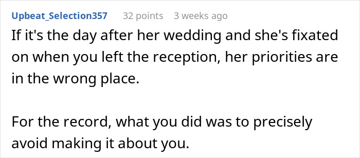 Text comment discussing priorities and avoiding drama at weddings. Text comment discussing priorities and avoiding drama at weddings.
