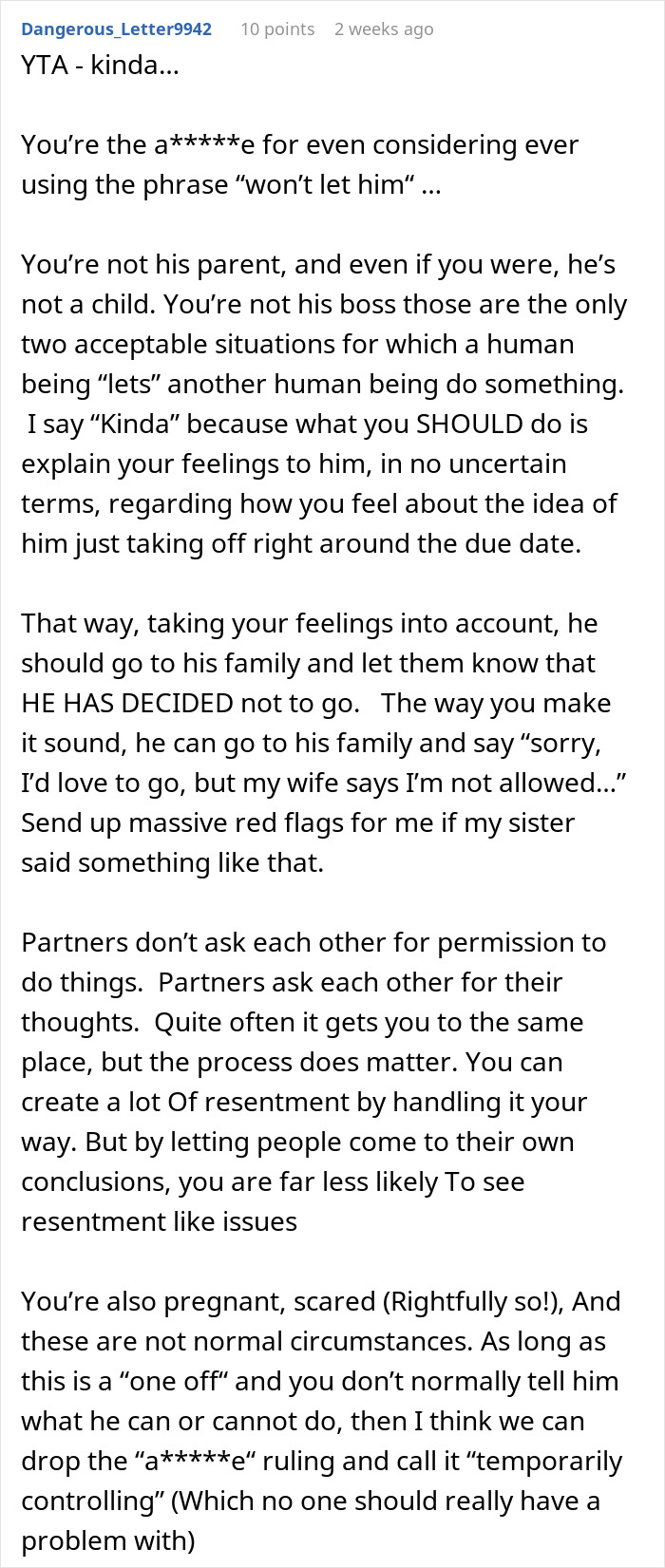 Comment discussing a situation where a mom-to-be asks her husband to skip his sister's wedding due to proximity to due date. Comment discussing a situation where a mom-to-be asks her husband to skip his sister's wedding due to proximity to due date.