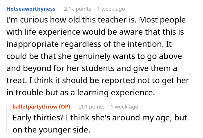 Reddit users discuss dance teacher's sleepover invite and comment on her age. Reddit users discuss dance teacher's sleepover invite and comment on her age.