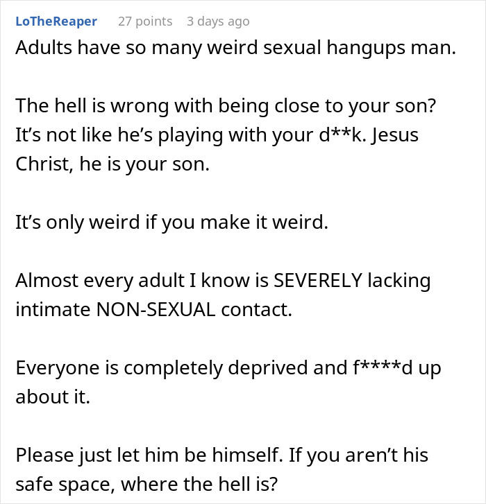 Text conversation discussing the importance of non-sexual intimacy between a teen boy and his dad. Text conversation discussing the importance of non-sexual intimacy between a teen boy and his dad.