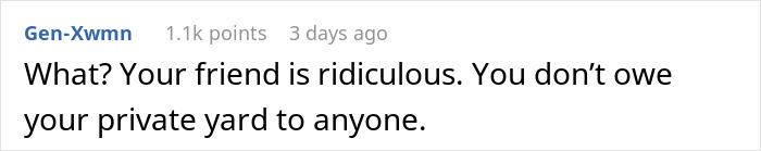 Comment text saying a woman doesn’t owe her private yard to anyone, relating to buying a swing set for her kid. Comment text saying a woman doesn’t owe her private yard to anyone, relating to buying a swing set for her kid.