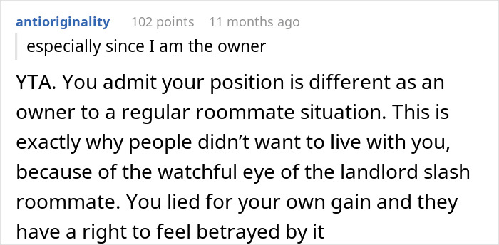 Text comment discussing issues with roommates and landlord dynamics. Text comment discussing issues with roommates and landlord dynamics.