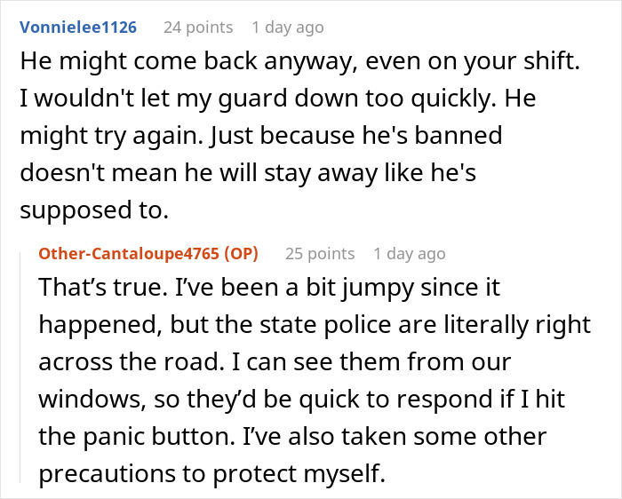 Online comments discussing precautions after a woman's escape from a delusional client situation. Online comments discussing precautions after a woman's escape from a delusional client situation.