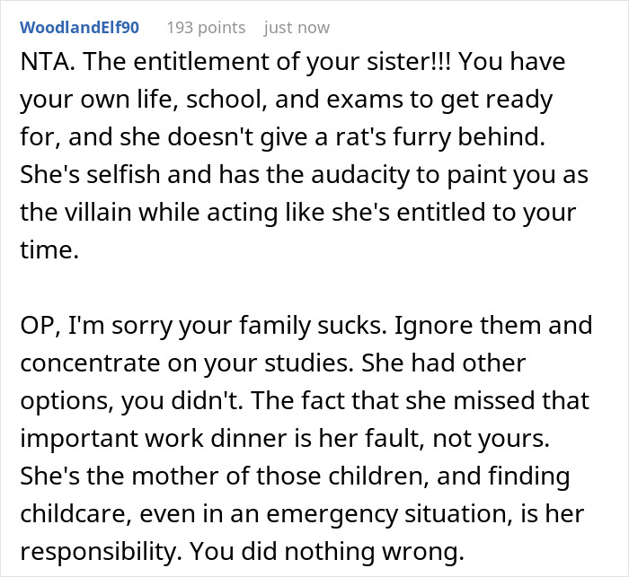 Commenter explains sister's entitlement while babysitting sister's kids during important work dinner. Commenter explains sister's entitlement while babysitting sister's kids during important work dinner.
