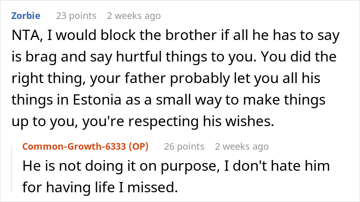 Reddit comments discussing inheritance and a sibling relationship regarding parents' apartment. Reddit comments discussing inheritance and a sibling relationship regarding parents' apartment.
