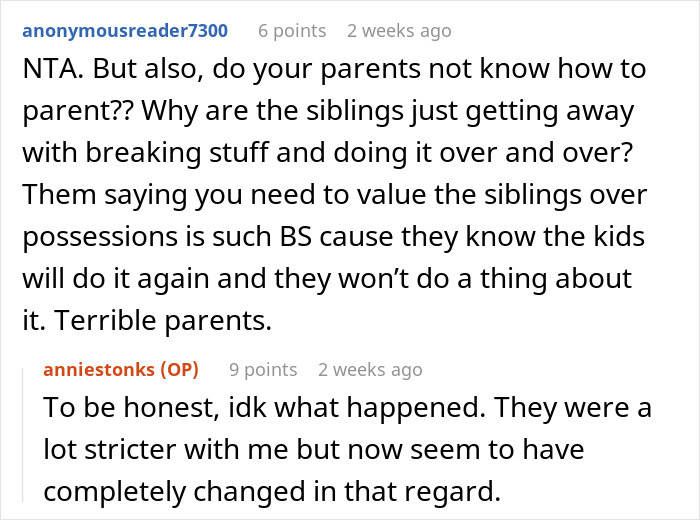 Reddit discussion about siblings destroying belongings and parents' reaction. Reddit discussion about siblings destroying belongings and parents' reaction.