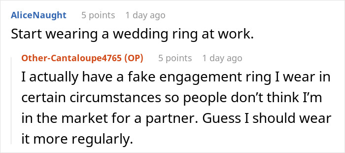 Reddit comments suggesting a woman wear a fake wedding ring for clever escape in uncomfortable situations. Reddit comments suggesting a woman wear a fake wedding ring for clever escape in uncomfortable situations.
