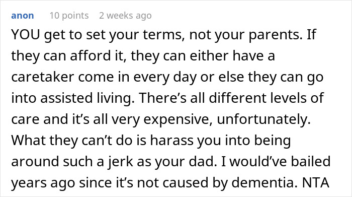 Text discussing care options and setting personal terms for not supporting a cruel father. Text discussing care options and setting personal terms for not supporting a cruel father.