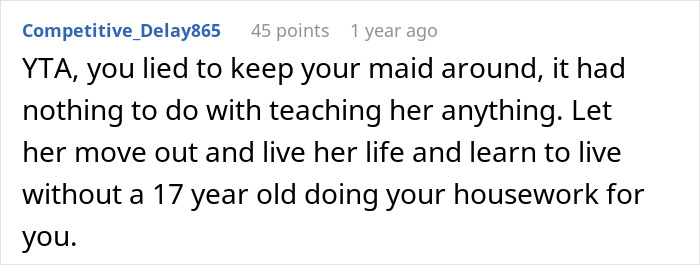 Reddit comment criticizing man for tricking stepdaughter to do chores, mentions deceit and independence. Reddit comment criticizing man for tricking stepdaughter to do chores, mentions deceit and independence.