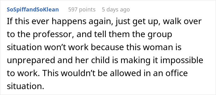 Reddit comment about a mom and her child in college, discussing disruption and group work challenges. Reddit comment about a mom and her child in college, discussing disruption and group work challenges.