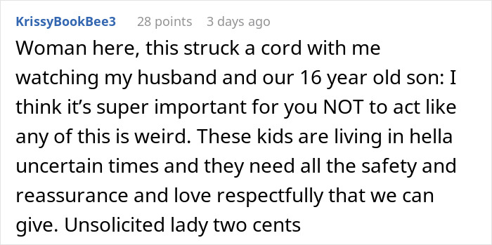 Text from a user offering advice on teen boys wanting to snuggle with dads for support and reassurance. Text from a user offering advice on teen boys wanting to snuggle with dads for support and reassurance.