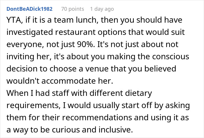 Comment criticizing a manager for excluding a coworker from BBQ due to diet and urging inclusivity. Comment criticizing a manager for excluding a coworker from BBQ due to diet and urging inclusivity.