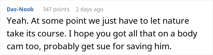 Comment on a forum post discussing a boomer berating a lifeguard after nearly drowning, mentioning body cam evidence and legal action.