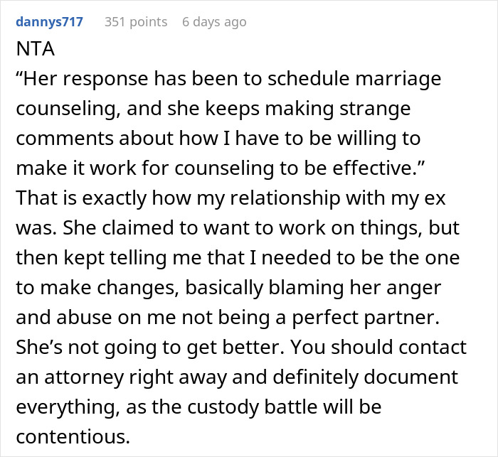 Reddit comment about marriage counseling and relationship issues. Reddit comment about marriage counseling and relationship issues.
