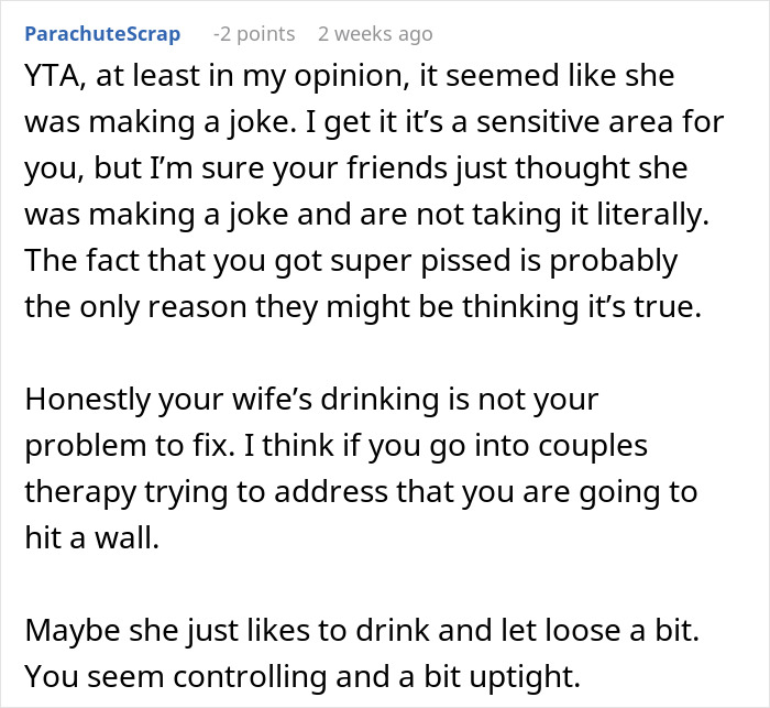 Response post discussing potential divorce over a wife's drinking and exposing secrets in a social setting. Response post discussing potential divorce over a wife's drinking and exposing secrets in a social setting.