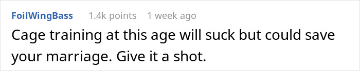 Text comment on dog behavior advising cage training to improve marriage dynamics. Text comment on dog behavior advising cage training to improve marriage dynamics.