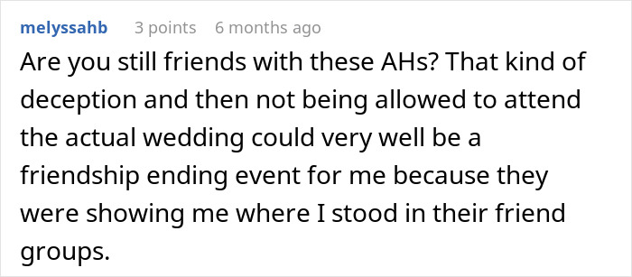 Comment discussing vacation cancellation for a wedding and being excluded from the ceremony. Comment discussing vacation cancellation for a wedding and being excluded from the ceremony.