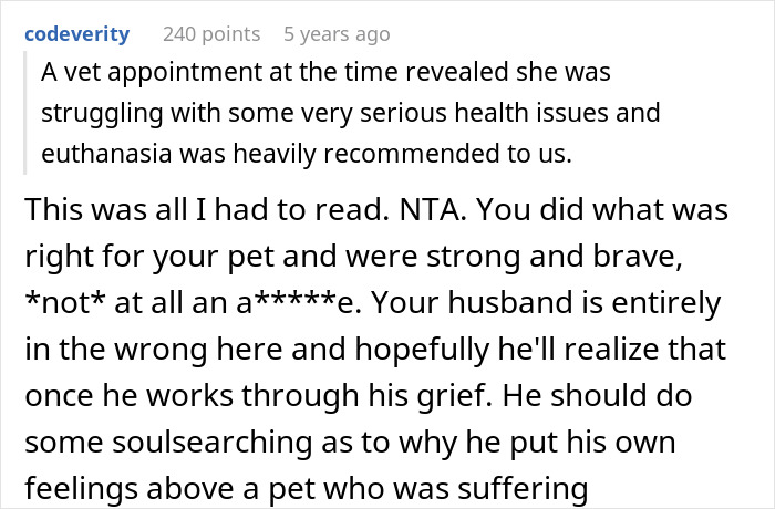 Reddit comment discussing euthanasia decision for a suffering dog amidst family disagreement. Reddit comment discussing euthanasia decision for a suffering dog amidst family disagreement.