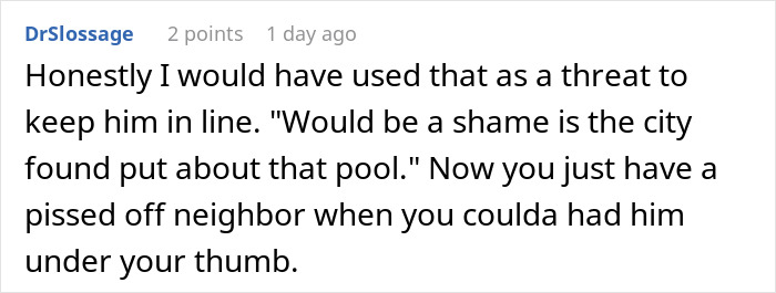 Comment about the complaint over an illegal shed, ending in losing a pool. Comment about the complaint over an illegal shed, ending in losing a pool.
