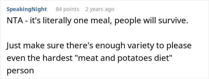 Comment discussing wedding catering without meat options, suggesting variety for diverse diets. Comment discussing wedding catering without meat options, suggesting variety for diverse diets.