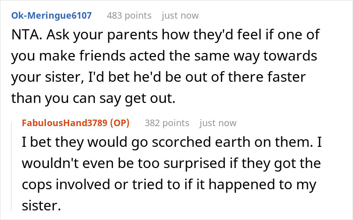 Text discussing parents' reaction to harassment, viewed as prank, with suggestions on handling similar behavior towards a sister. Text discussing parents' reaction to harassment, viewed as prank, with suggestions on handling similar behavior towards a sister.