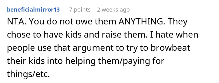 Reddit comment criticizing an argument to pressure kids into assisting parents; keywords: Cruel Father. Reddit comment criticizing an argument to pressure kids into assisting parents; keywords: Cruel Father.