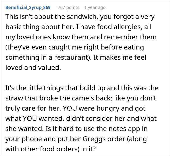 Text about relationship concerns over a sandwich, emphasizing feeling valued and remembered by loved ones.